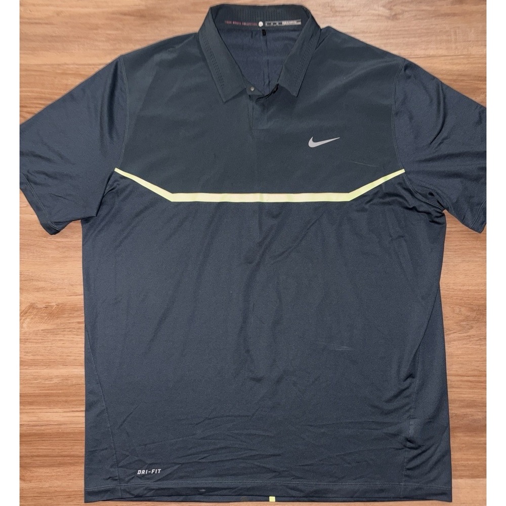 Nike Tiger Woods Collection Polo Shirt Mens XL Grey Green‎ Stripe Dri-FIT
